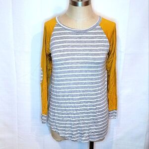 Auditions Top Elbow Patches Mustard Yellow Gray White Stripes Size Small